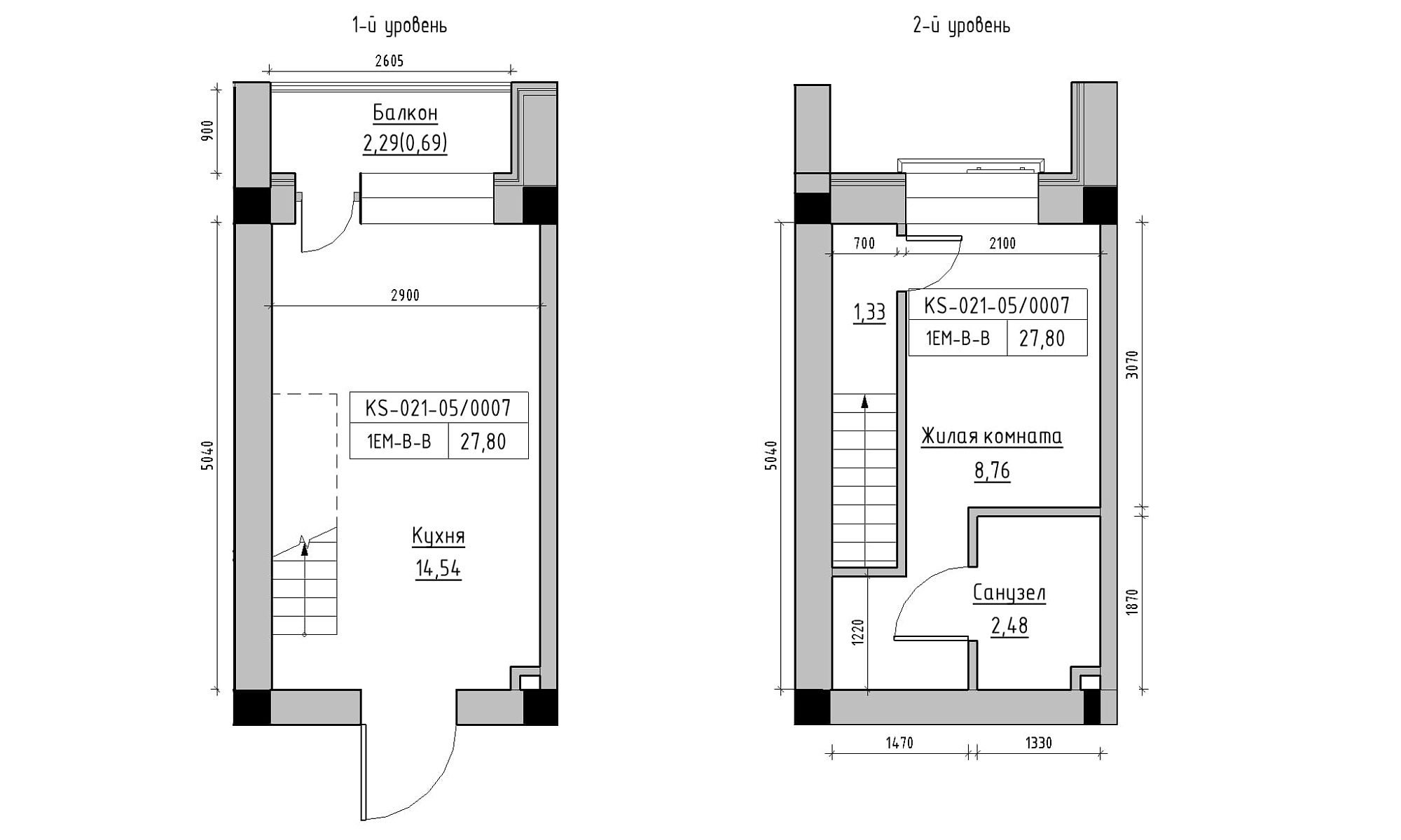 Planning 2-lvl flats area 27.8m2, KS-021-05/0007.