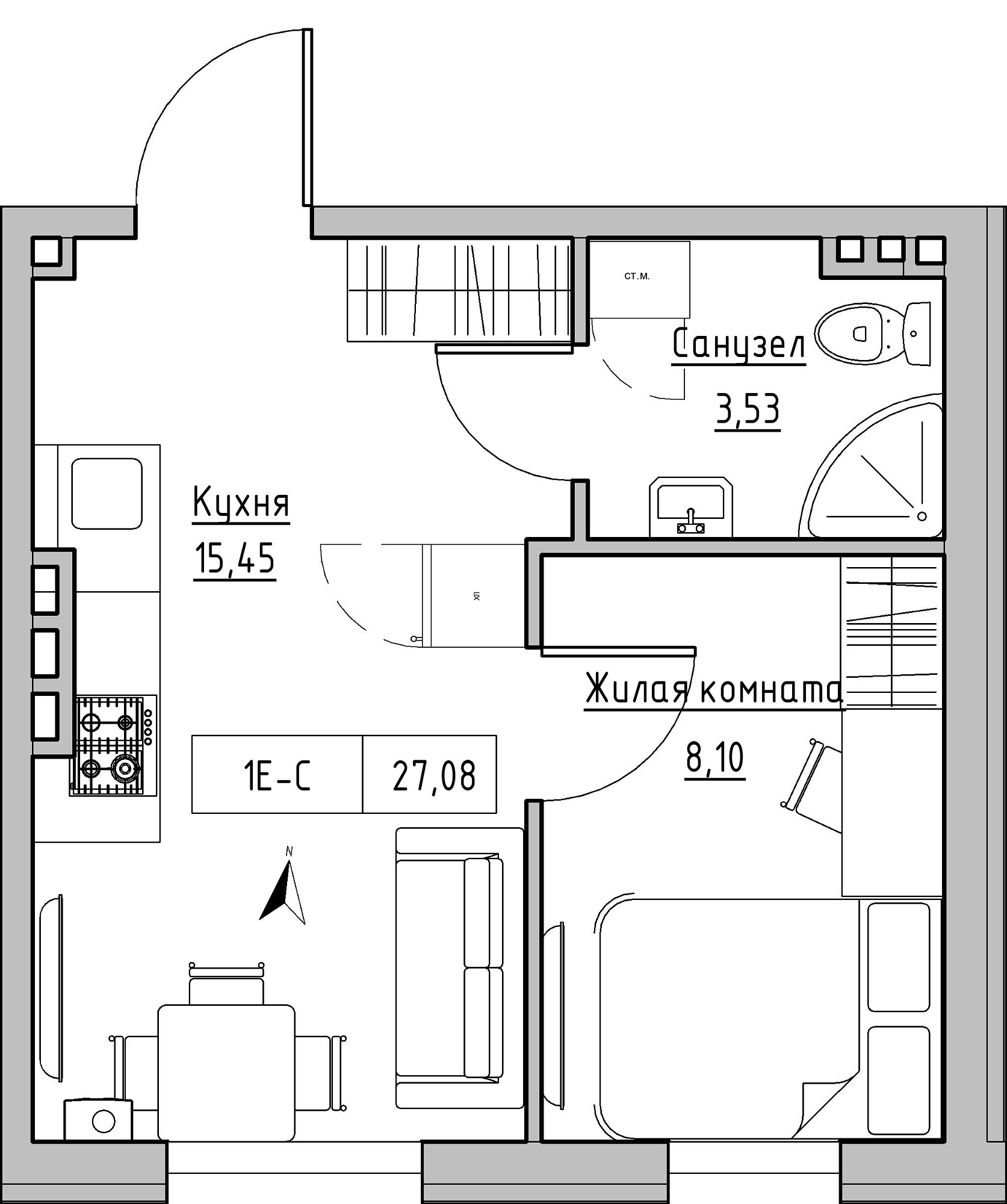 Планування 1-к квартира площею 27.08м2, KS-024-04/0004.
