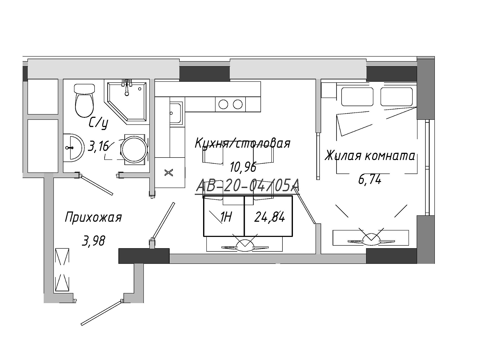 Планування 1-к квартира площею 24.84м2, AB-20-04/0005а.