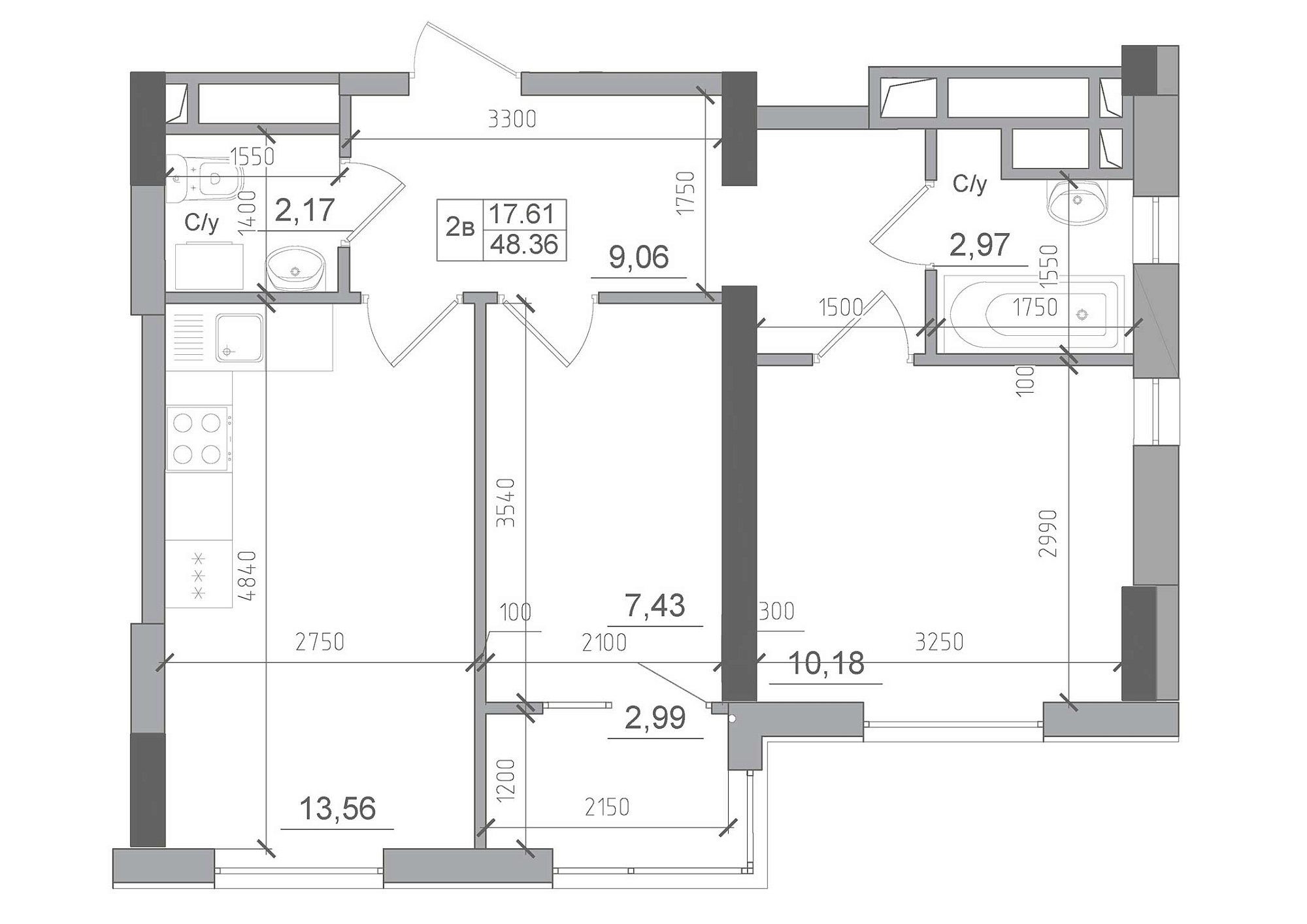 Планування 2-к квартира площею 48.36м2, AB-22-02/00010.