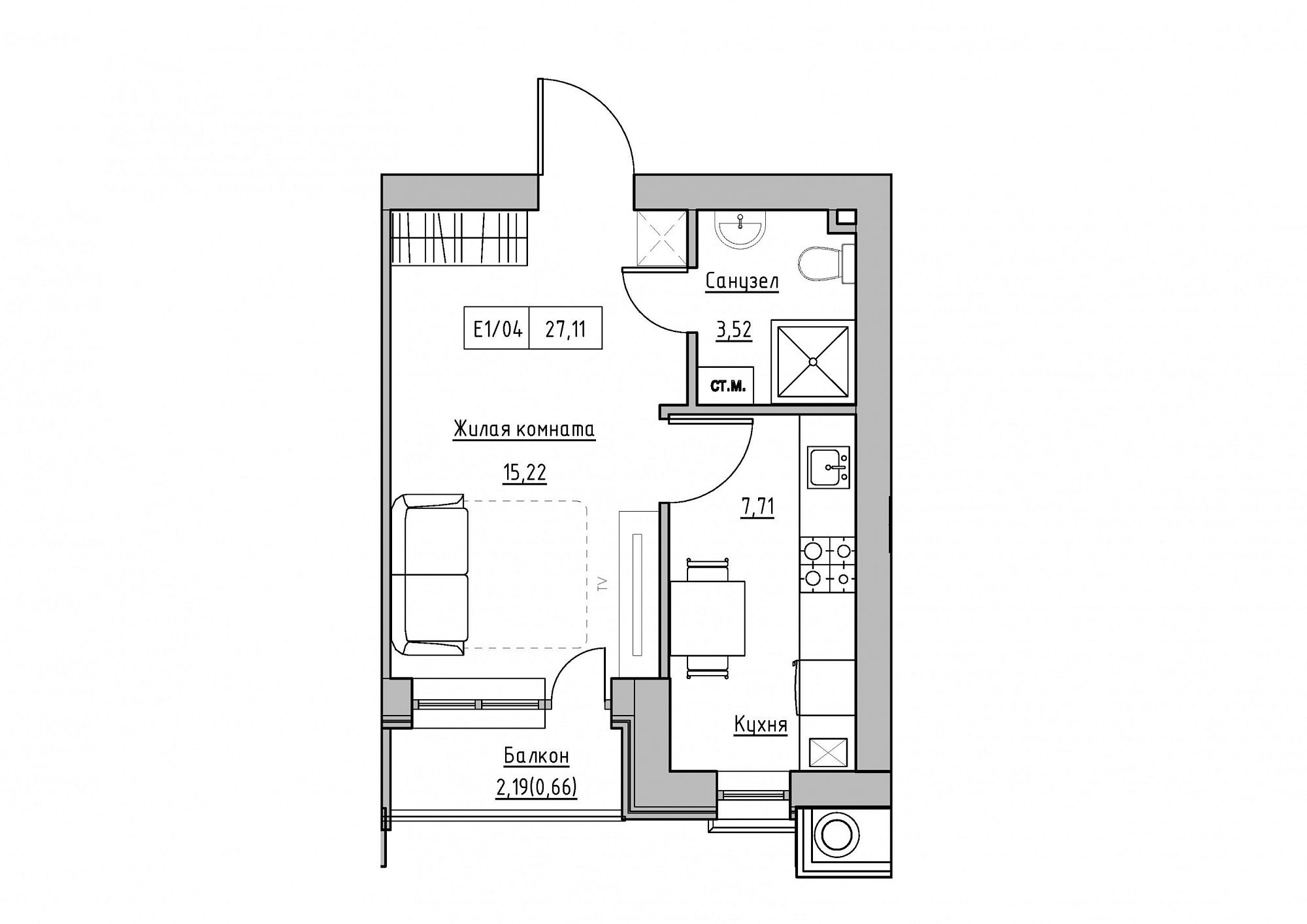 Планировка 1-к квартира площей 27.11м2, KS-011-05/0011.