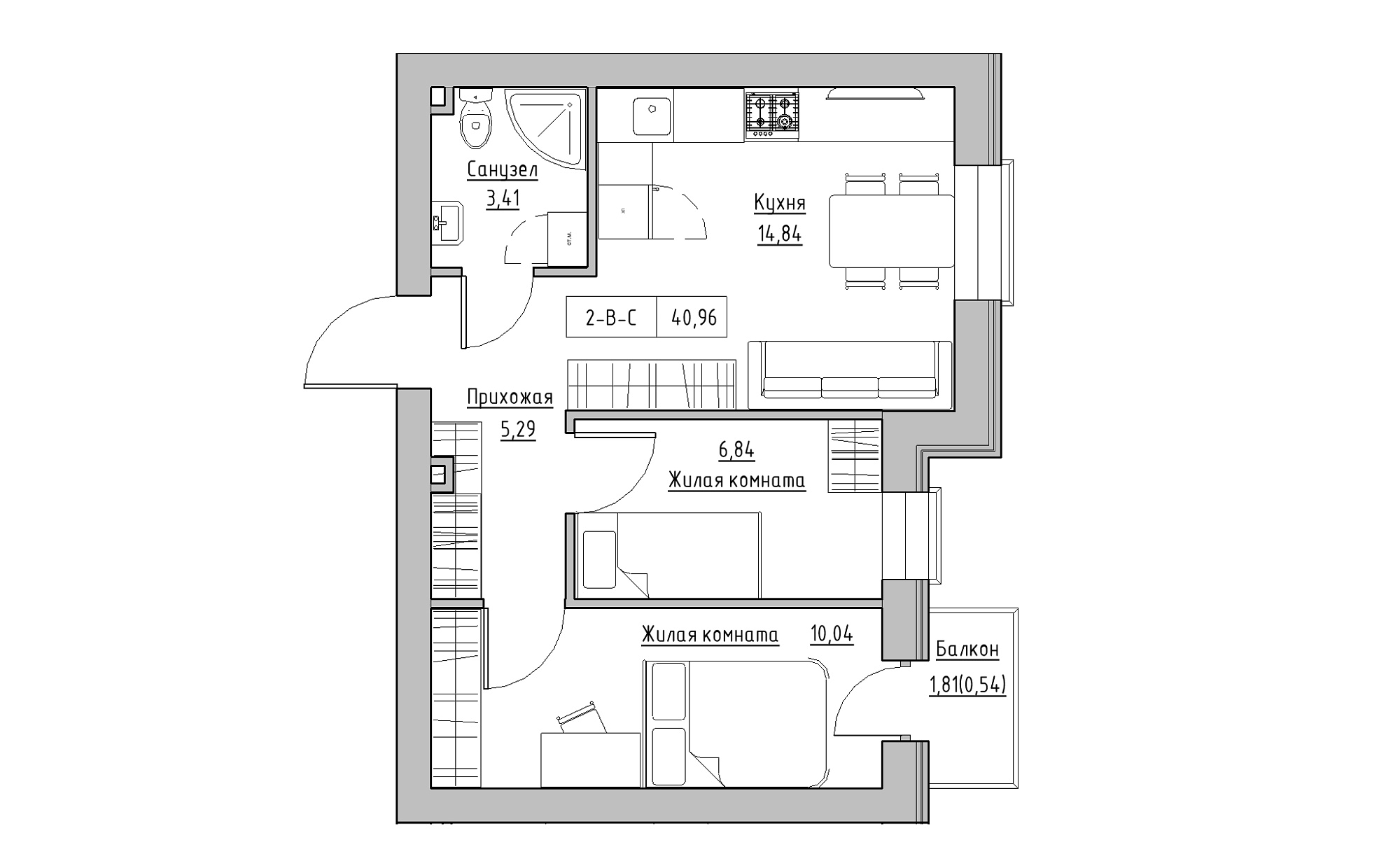 Планировка 2-к квартира площей 40.96м2, KS-022-02/0010.