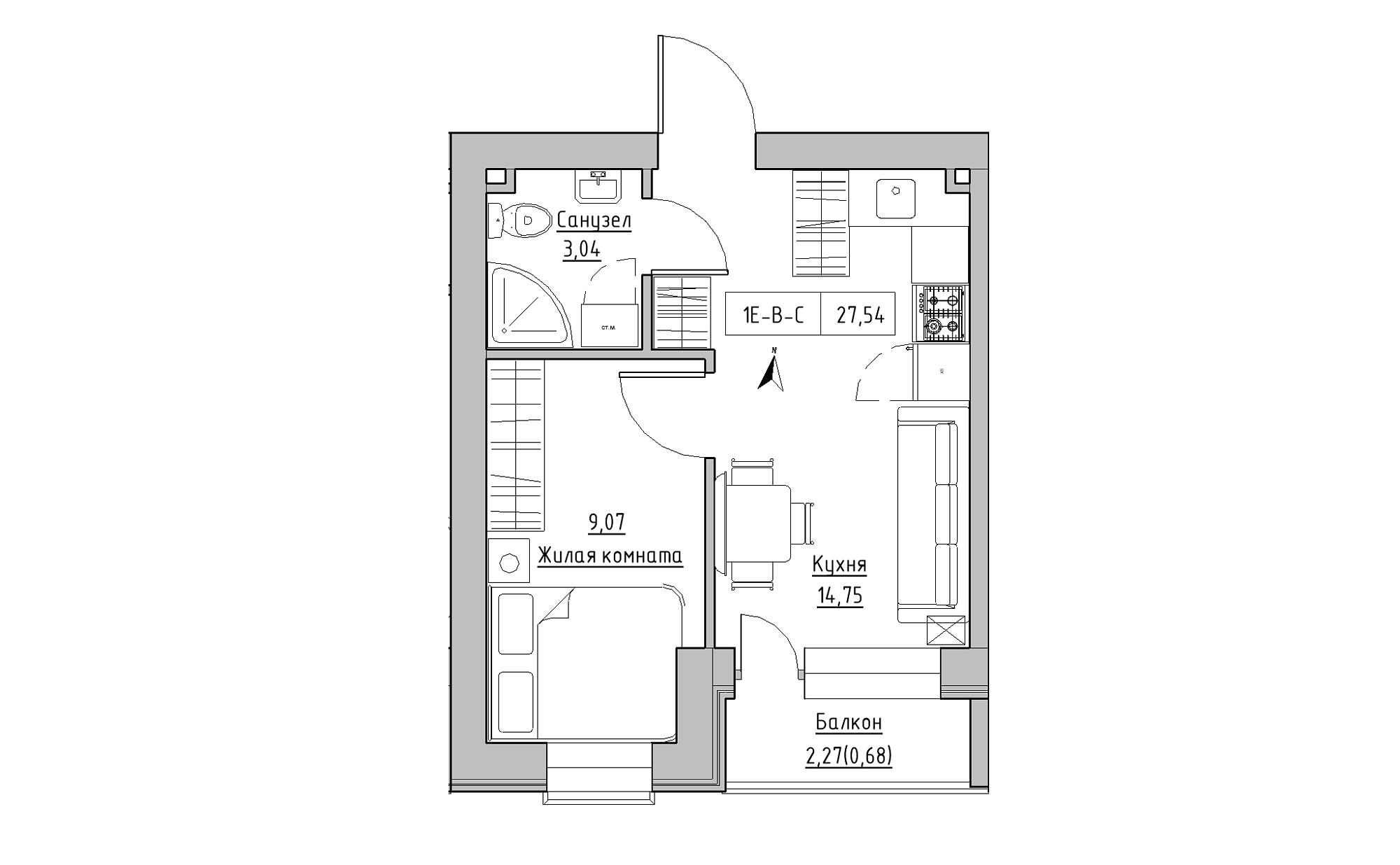 Планування 1-к квартира площею 27.54м2, KS-023-05/0012.
