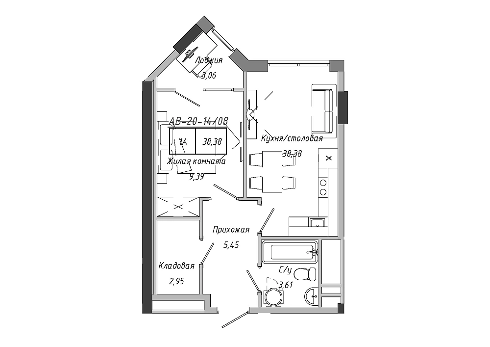 Planning 1-rm flats area 38.38m2, 9972f2ff-a23f-11ed-bab4-00155d42e31d.