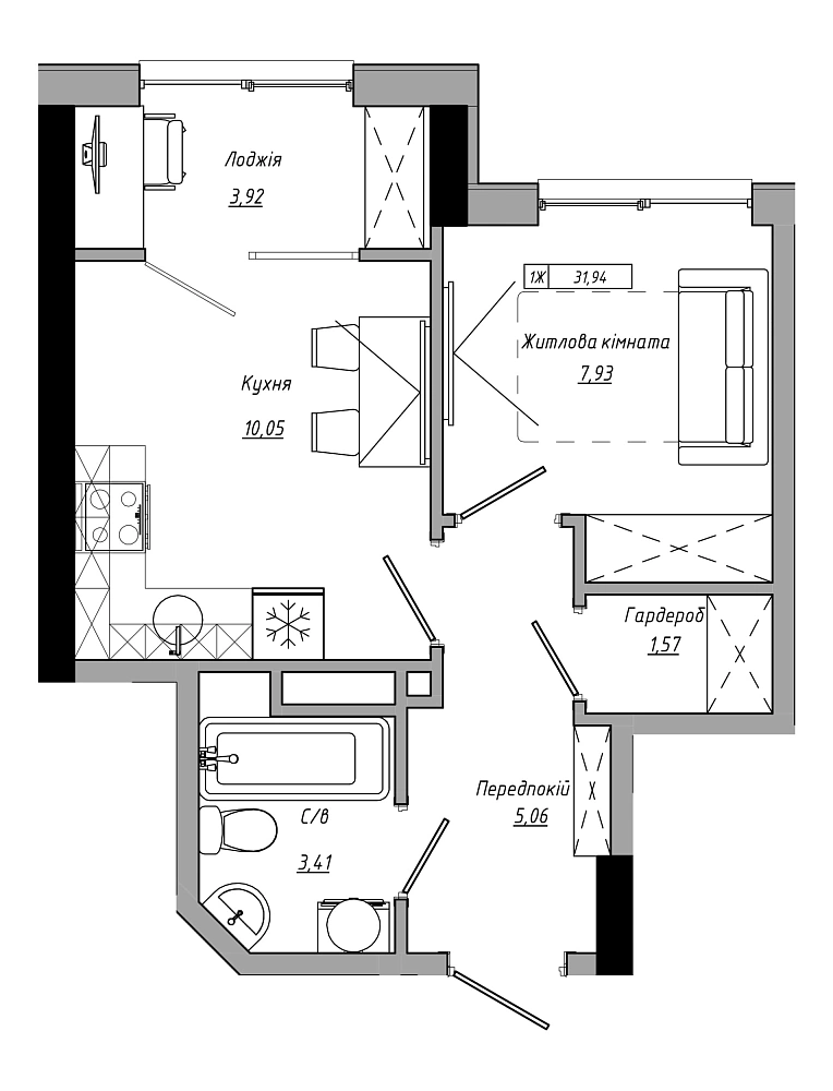 Планування 1-к квартира площею 31.94м2, ea31aeec-19ff-11eb-ba9c-00155d42e31d.