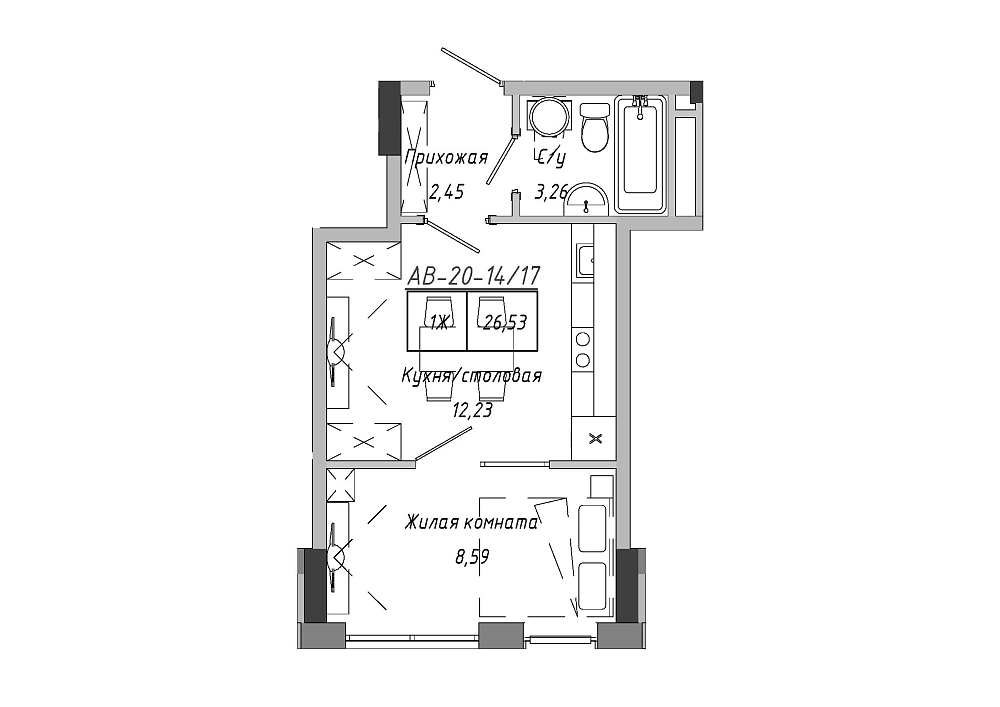 Планування 1-к квартира площею 26.53м2, 9f6ae8a3-a23f-11ed-bab4-00155d42e31d.