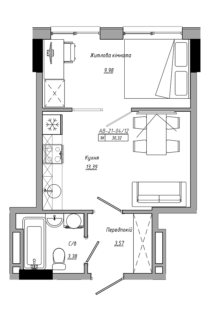 Планування 1-к квартира площею 30.32м2, ea31aec2-19ff-11eb-ba9c-00155d42e31d.