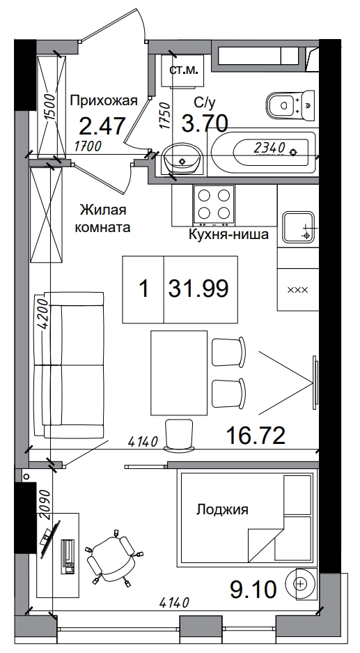 Planning Smart flats area 31.99m2, AB-04-09/00001.