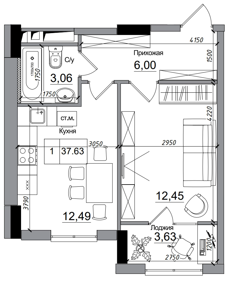 Планування 1-к квартира площею 37.63м2, AB-14-01/00004.
