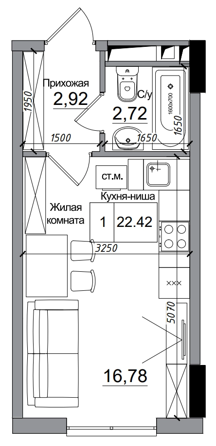 Планировка Smart-квартира площей 22.42м2, AB-14-01/00003.