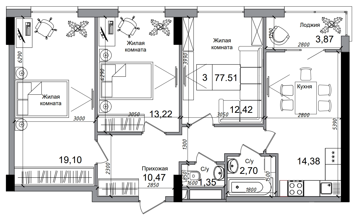 Планування 3-к квартира площею 77.51м2, AB-04-10/00010.