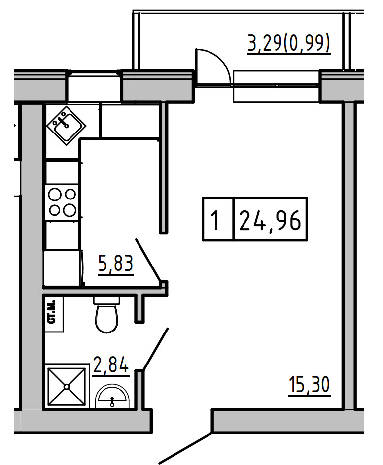 Планування 1-к квартира площею 24.89м2, KS-01А-05/0005.