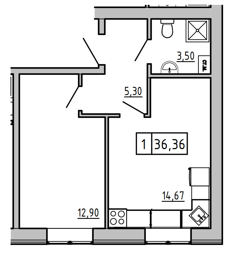 Планування 1-к квартира площею 34.2м2, KS-01А-02/0013.