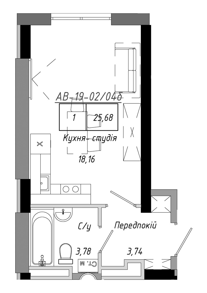Планування Smart-квартира площею 25.68м2, AB-19-02/0004б.