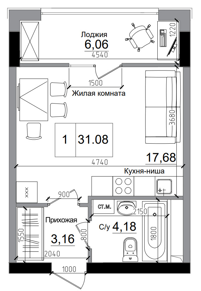 Планировка Smart-квартира площей 31.08м2, AB-11-08/00008.
