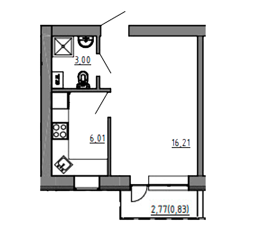 Планування 1-к квартира площею 27.26м2, KS-01C-05/0012.