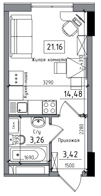 Планування Smart-квартира площею 21.16м2, AB-06-08/00005.
