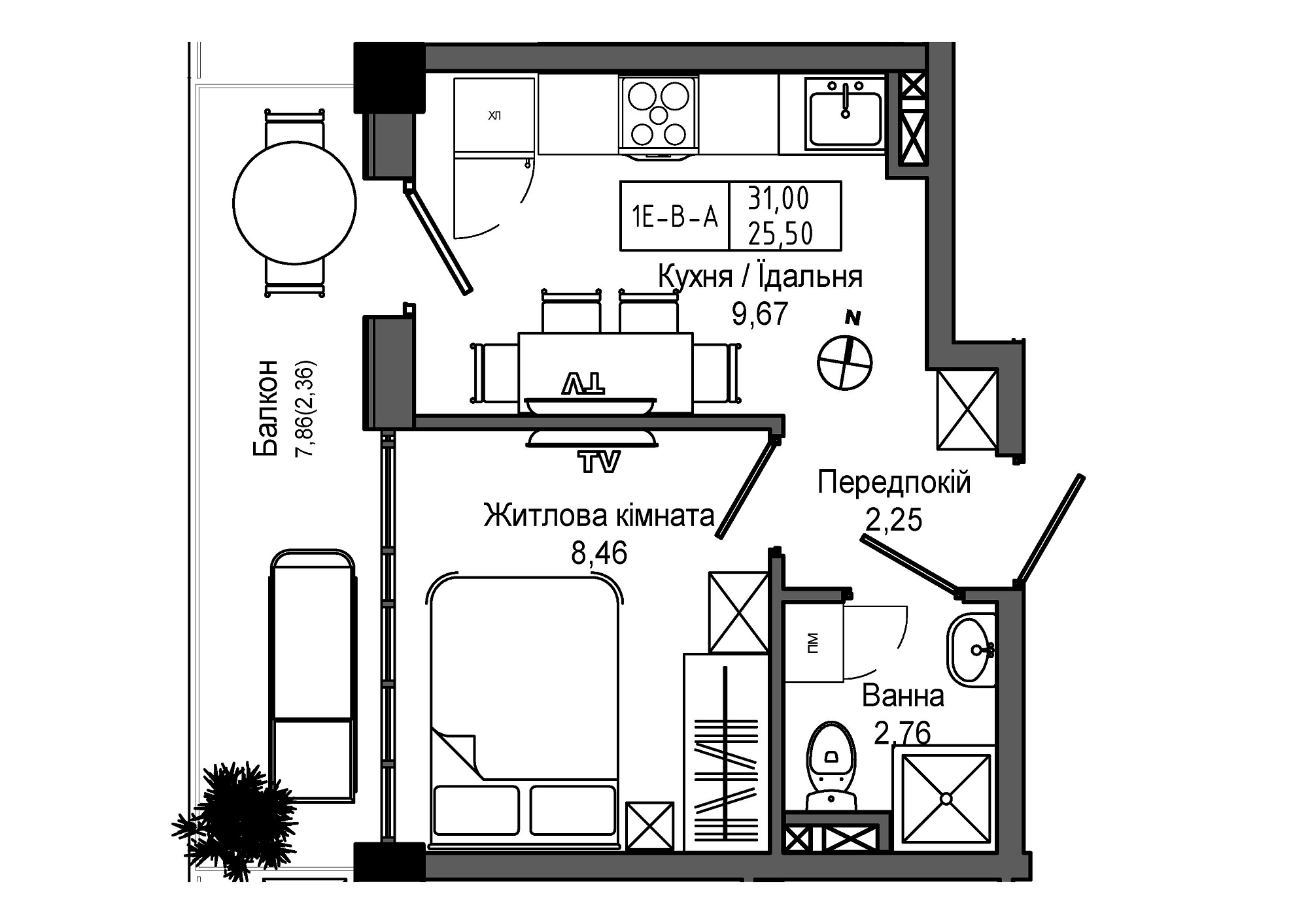 Планування 1-к квартира площею 25.5м2, UM-006-02/0008.