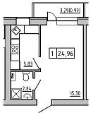 Планировка 1-к квартира площей 24.89м2, KS-01А-05/0005.