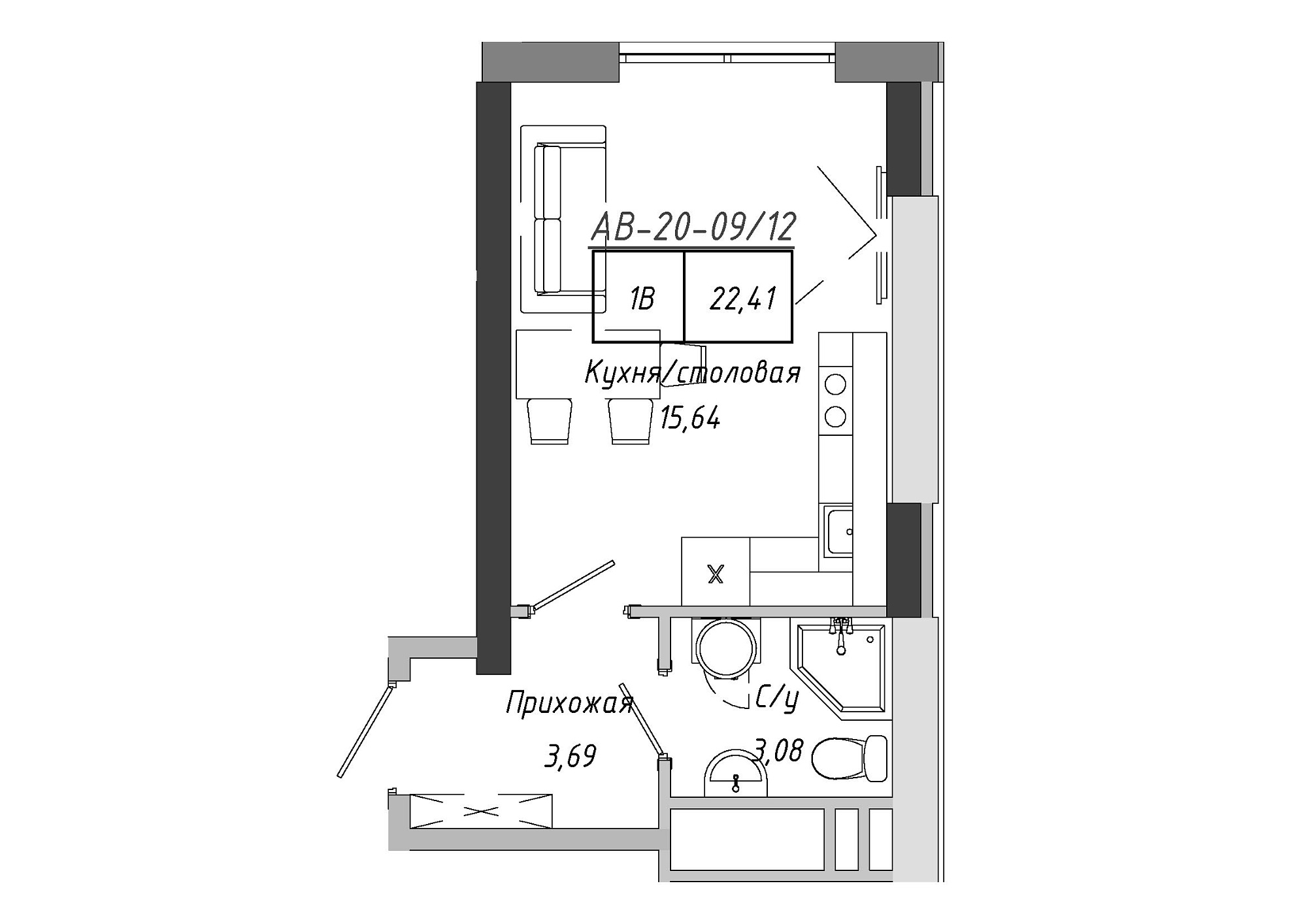Планування Smart-квартира площею 21.87м2, AB-20-09/00012.