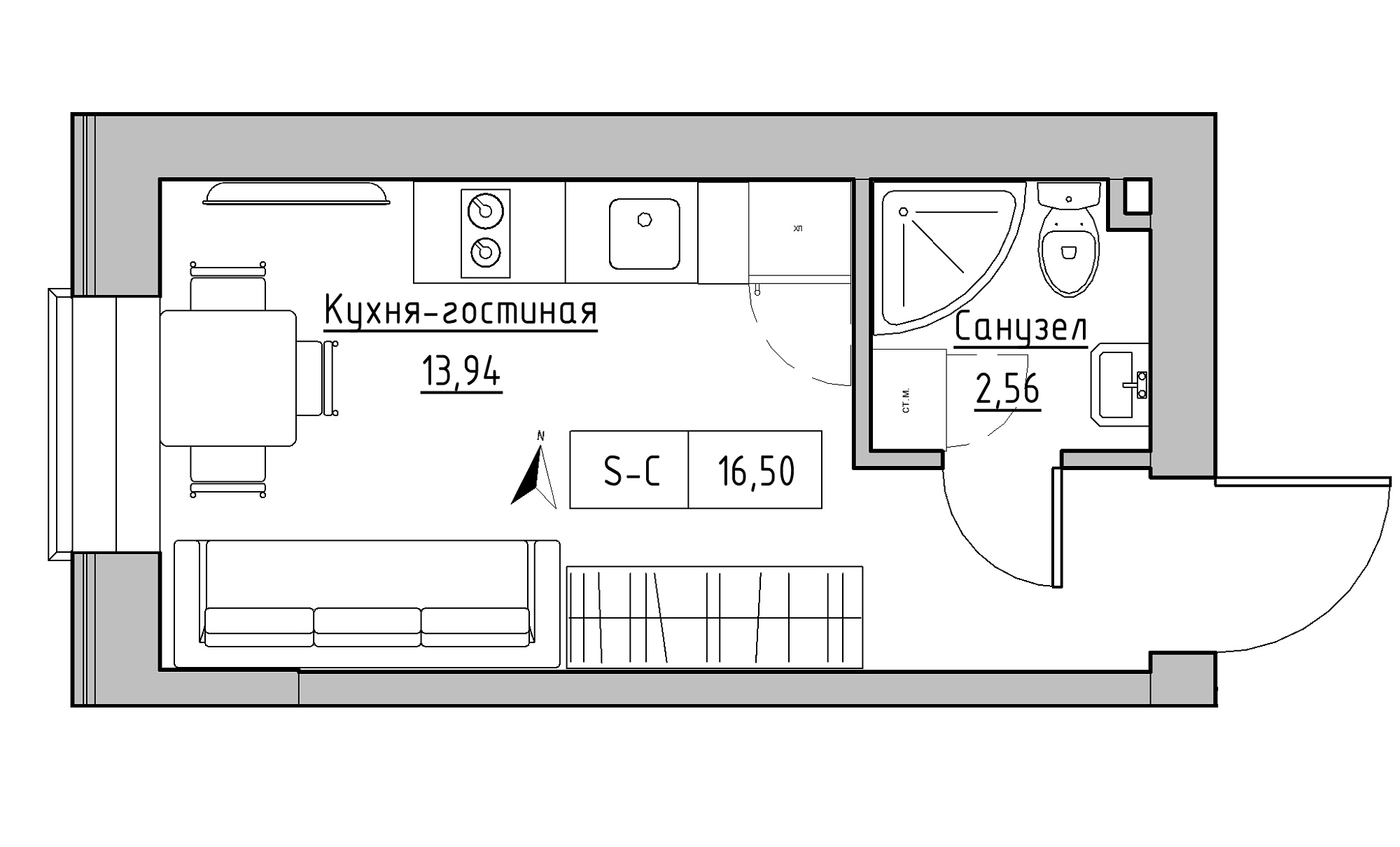 Планування Smart-квартира площею 16.5м2, KS-016-02/0011.