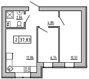 Планування 2-к квартира площею 37.82м2, KS-01D-02/0011.