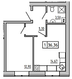 Планировка 1-к квартира площей 34.2м2, KS-01А-02/0013.