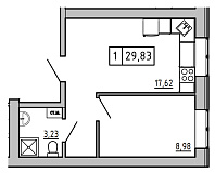 Planning 1-rm flats area 29.83m2, KS-01А-02/0009.