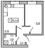 Планування 1-к квартира площею 36.45м2, KS-01C-03/0013.