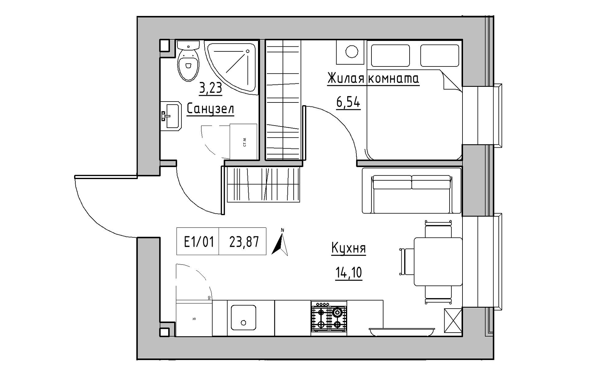 Planning 1-rm flats area 23.87m2, KS-015-03/0004.