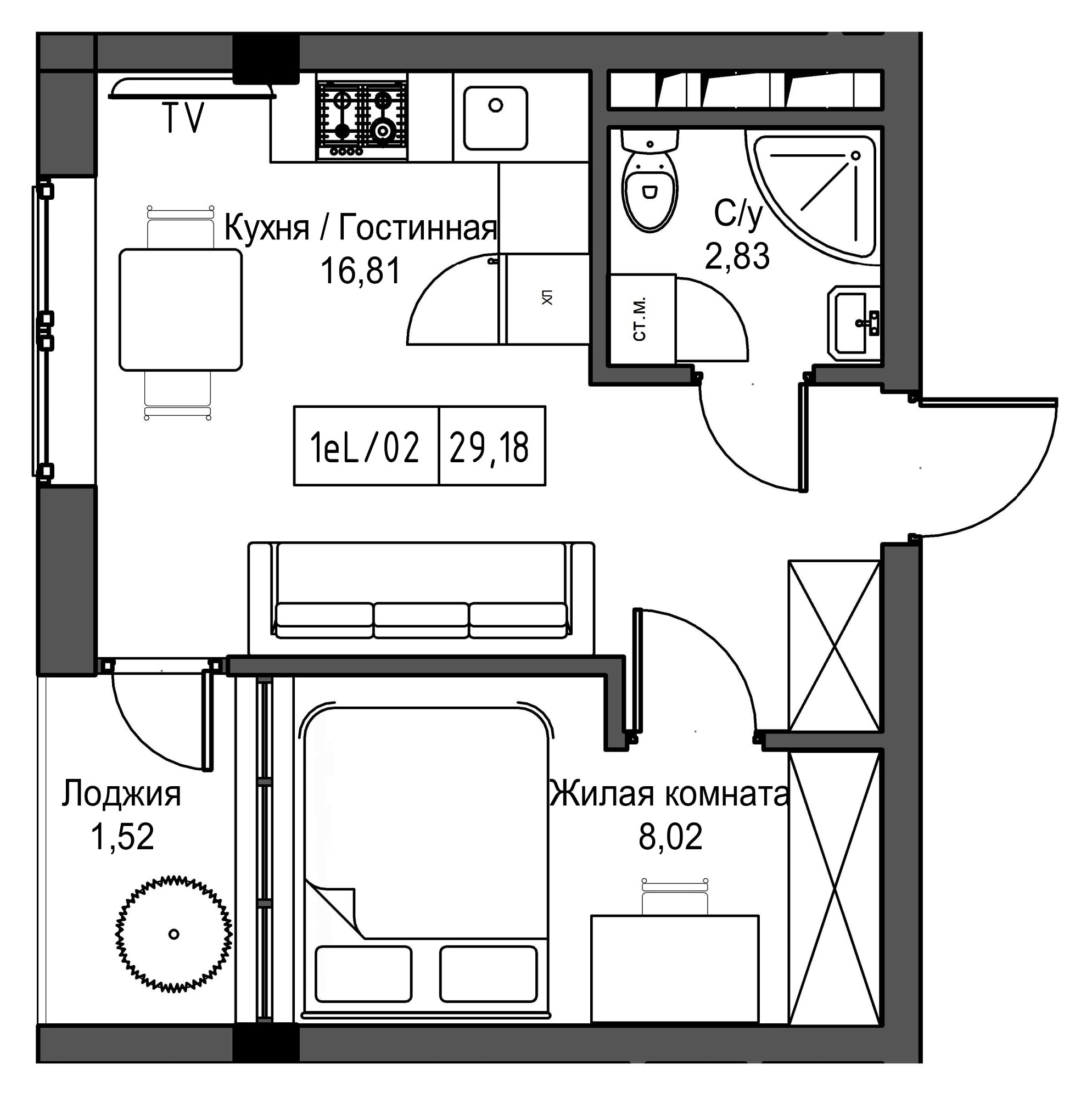 Планування 1-к квартира площею 29.18м2, UM-002-06/0053.