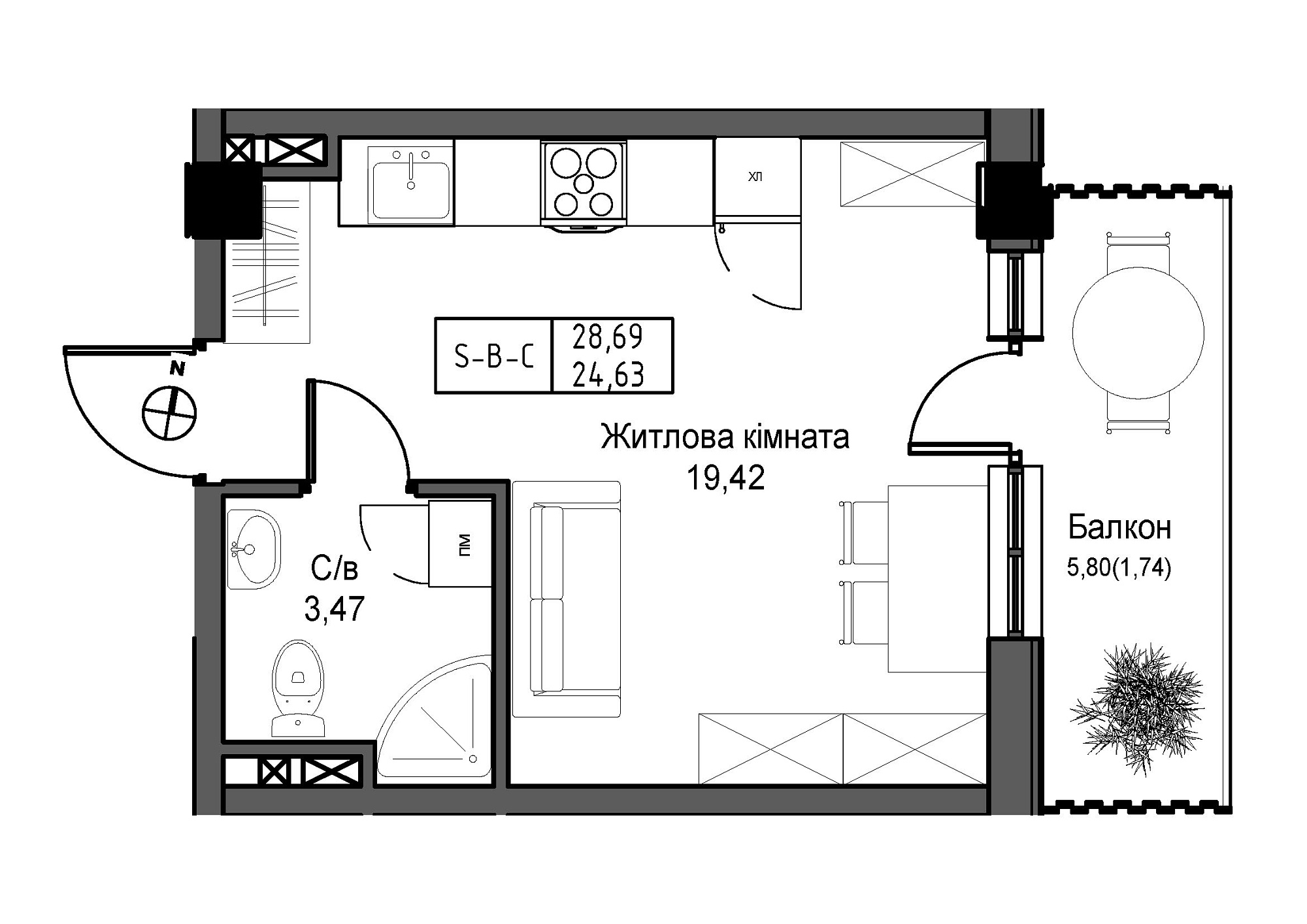 Планування Smart-квартира площею 24.63м2, UM-007-10/0005.