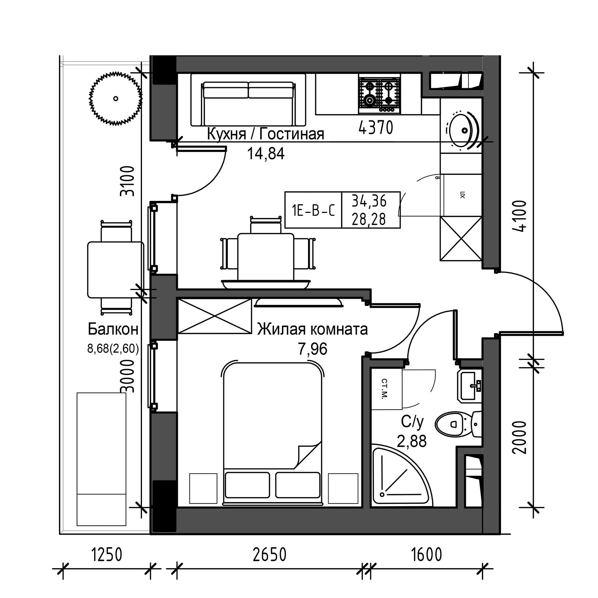 Планування 1-к квартира площею 28.28м2, UM-001-04/0014.