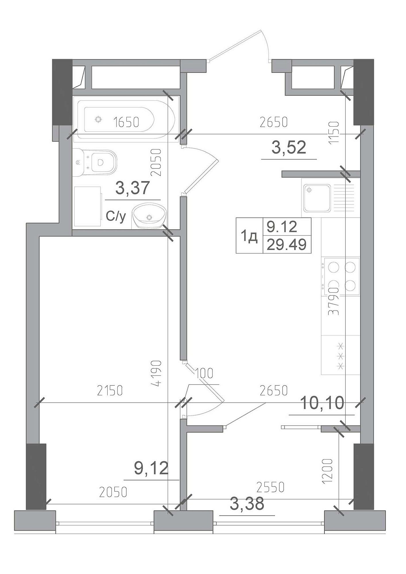 Планування 1-к квартира площею 29.49м2, AB-22-01/00006.