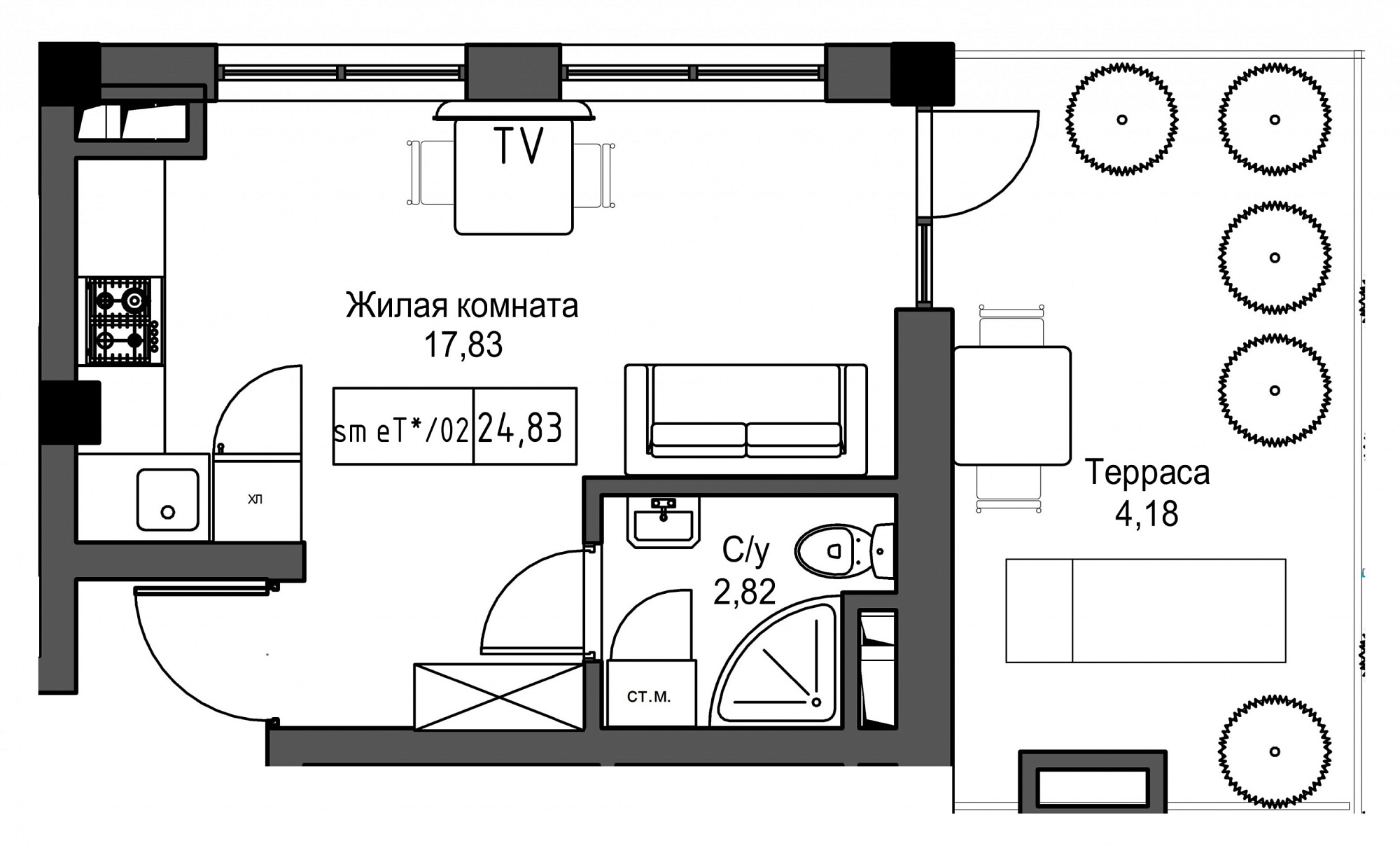 Планування Smart-квартира площею 24.83м2, UM-002-05/0044.