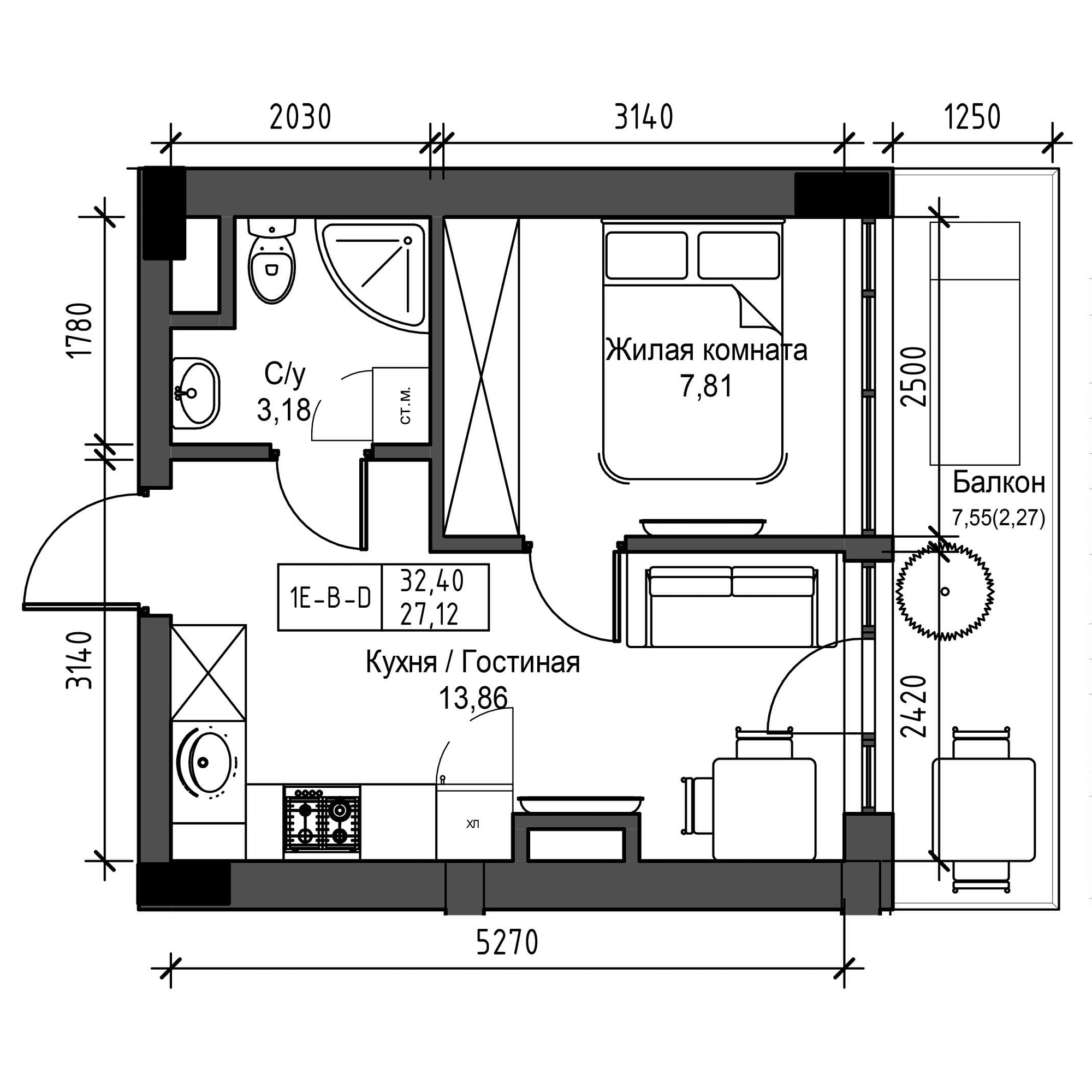 Планування 1-к квартира площею 27.12м2, UM-001-07/0003.