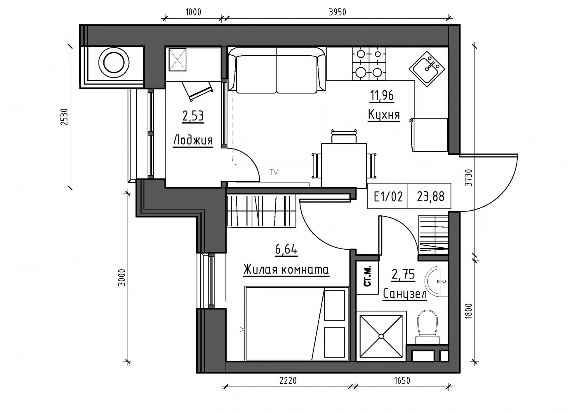 Планування 1-к квартира площею 23.88м2, KS-011-05/0001.