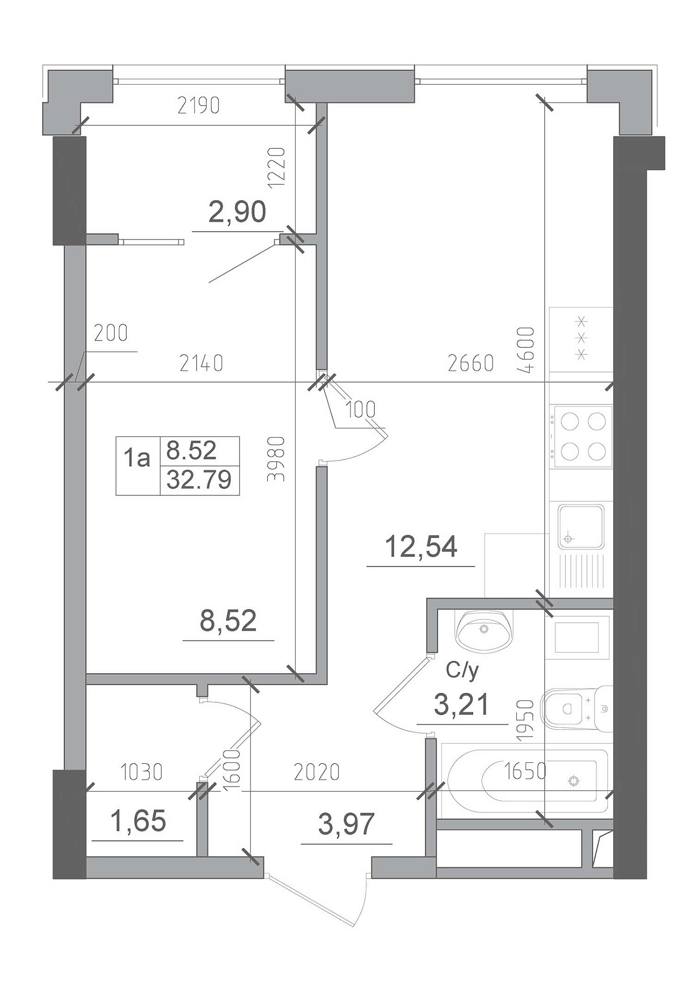 Планування 1-к квартира площею 32.79м2, AB-22-12/00001.