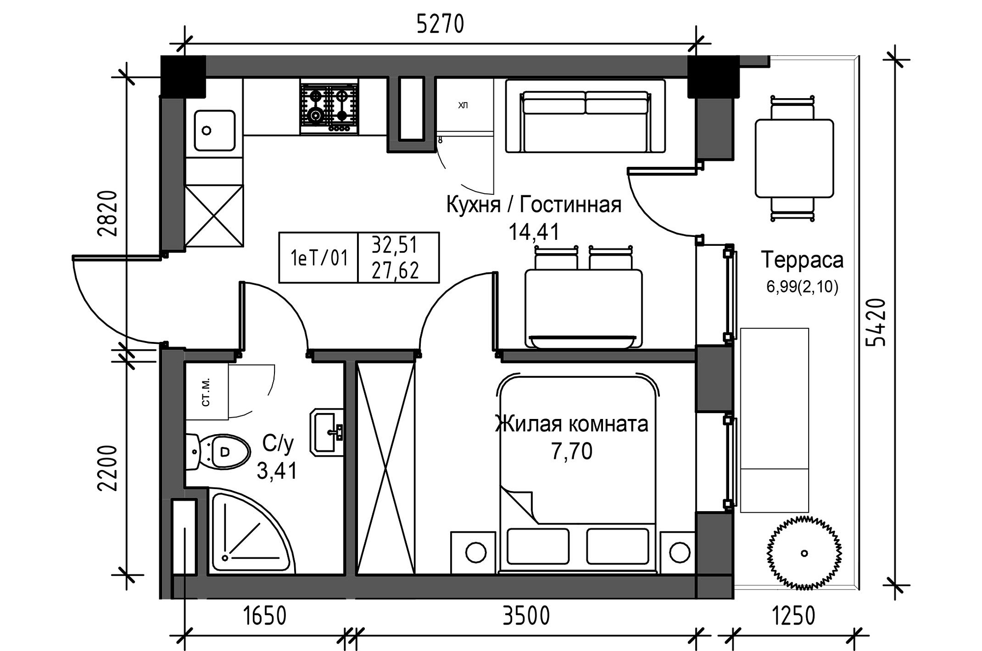 Планування 1-к квартира площею 27.62м2, UM-003-08/0078.