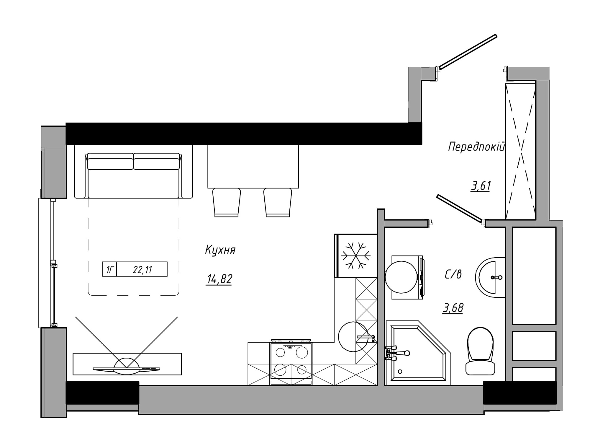 Планування Smart-квартира площею 22.11м2, AB-21-13/00105.